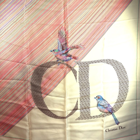 Vintage Christian Dior Silk Scarf Ivory Stripes and Birds Monogram - Picture 6 of 12